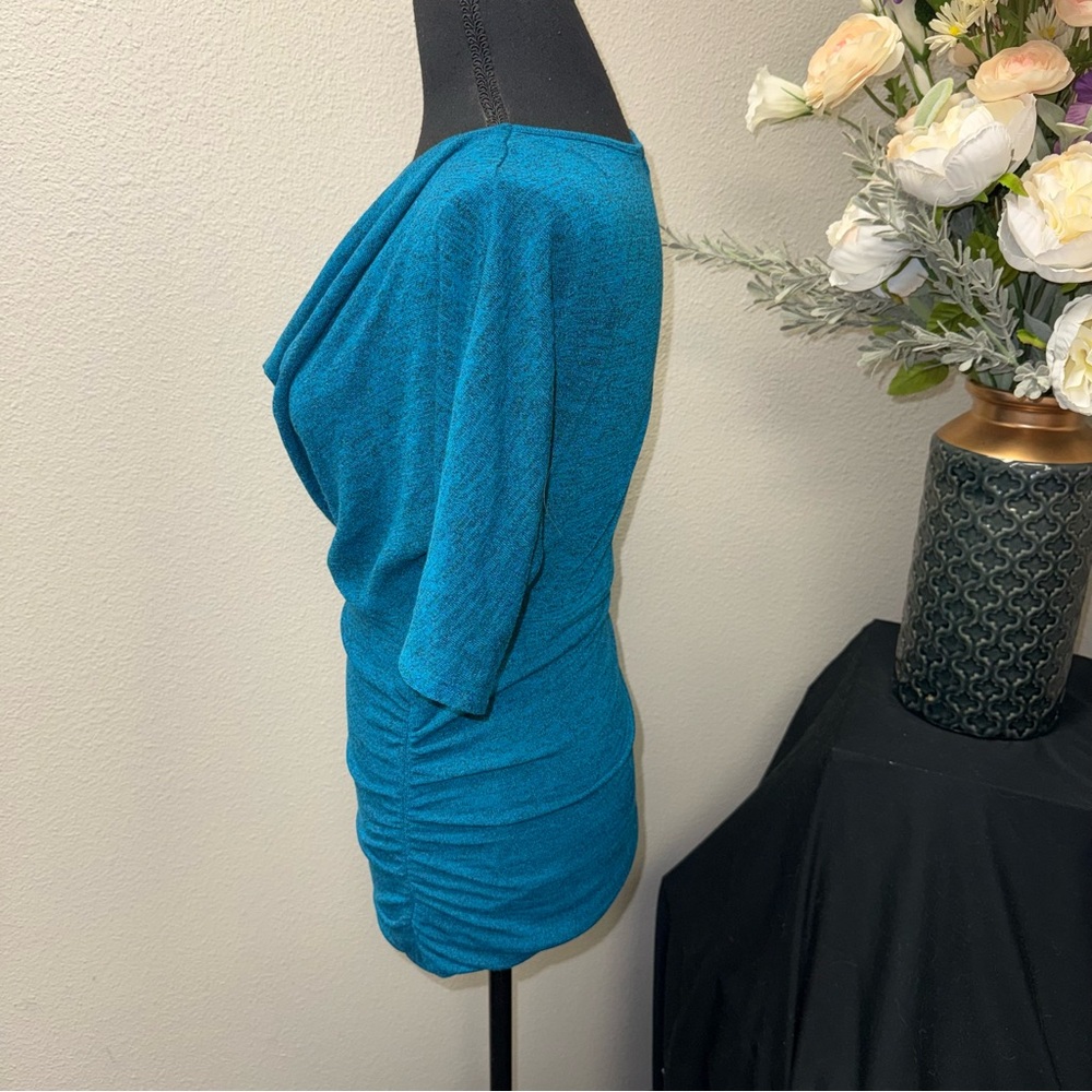 HeartSoul Teal Draped Cowl Neck Ruched Stretch Top Short Sleeve - Picture 2 of 8